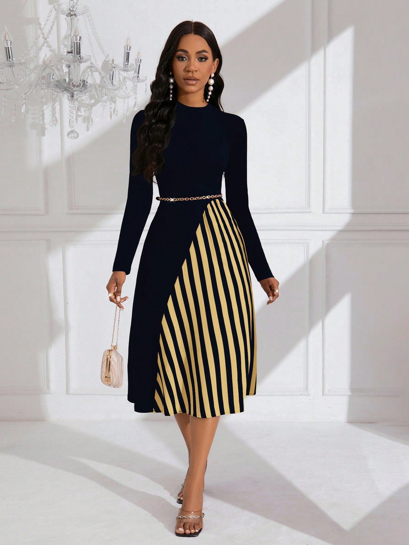 Lady Striped Pattern Long Sleeve Belted Dress (Belt Not Included)