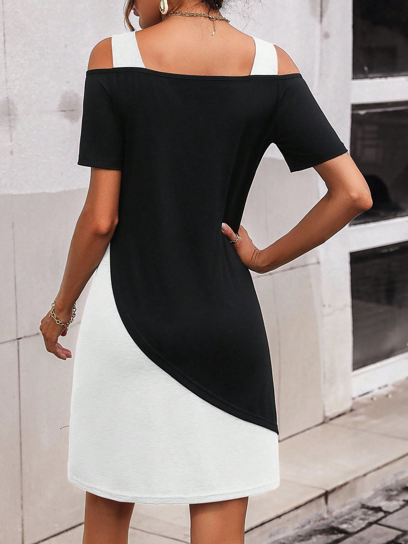 LUNE Two Tone Cold Shoulder Tee Dress