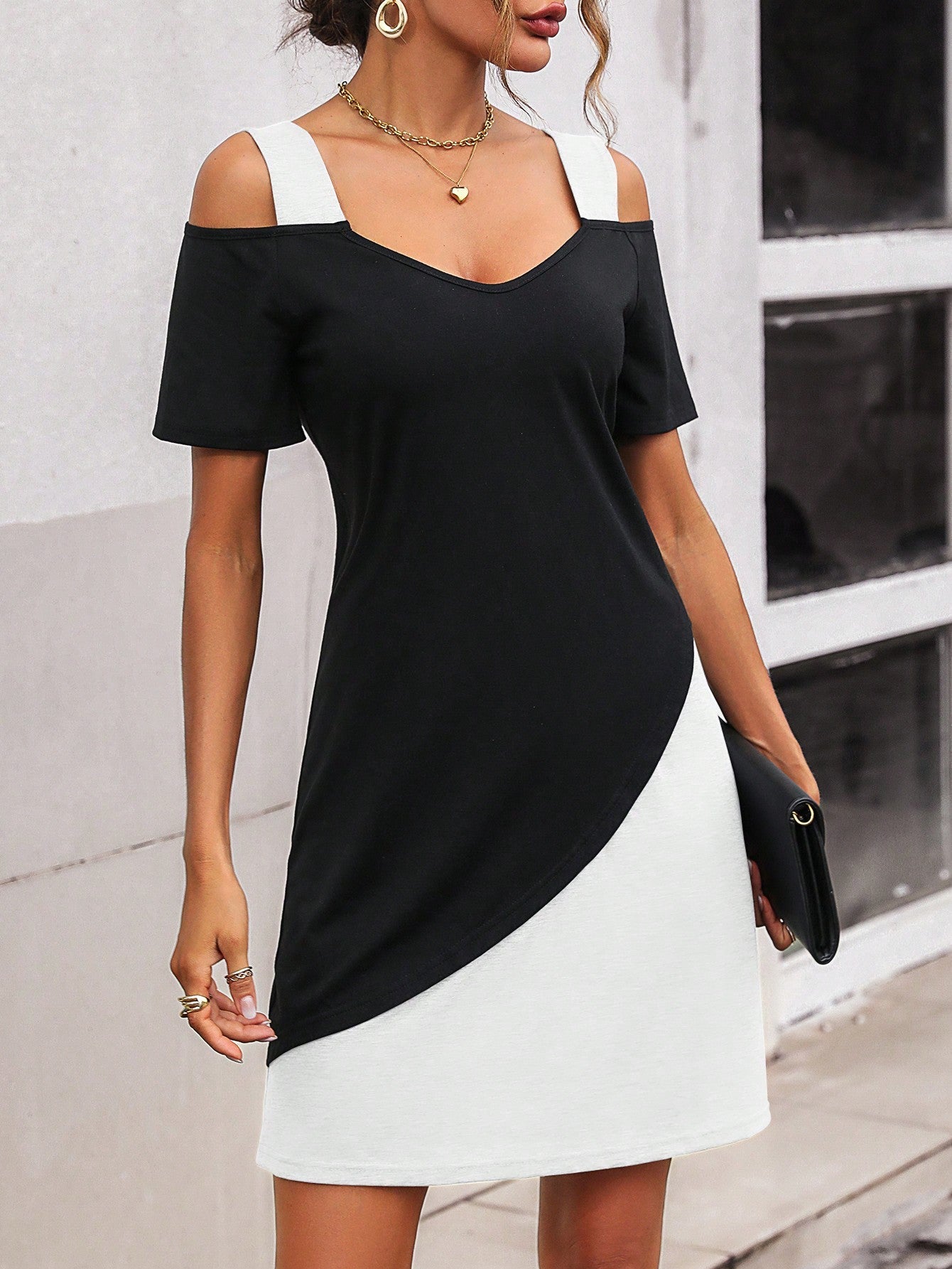 LUNE Two Tone Cold Shoulder Tee Dress