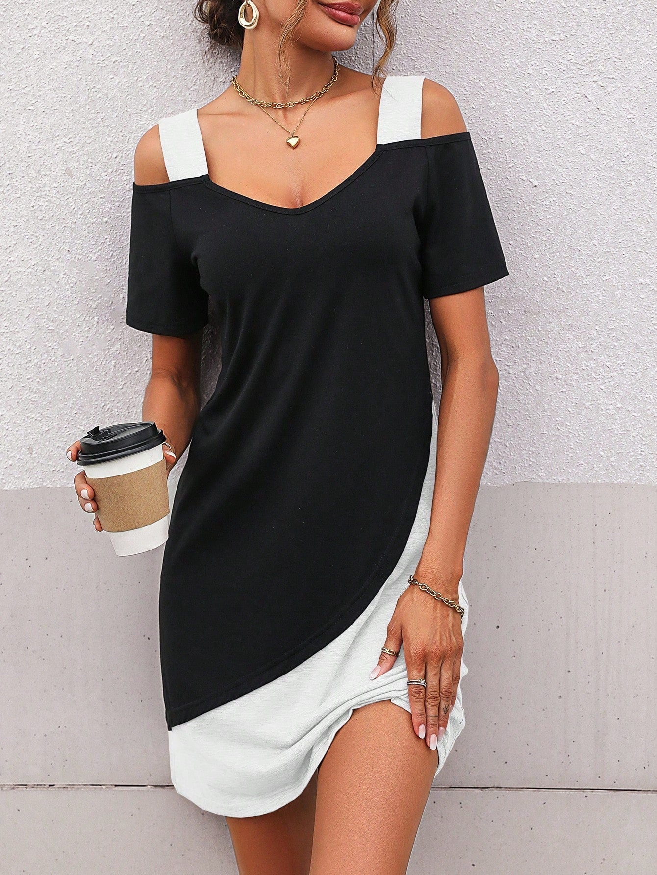 LUNE Two Tone Cold Shoulder Tee Dress