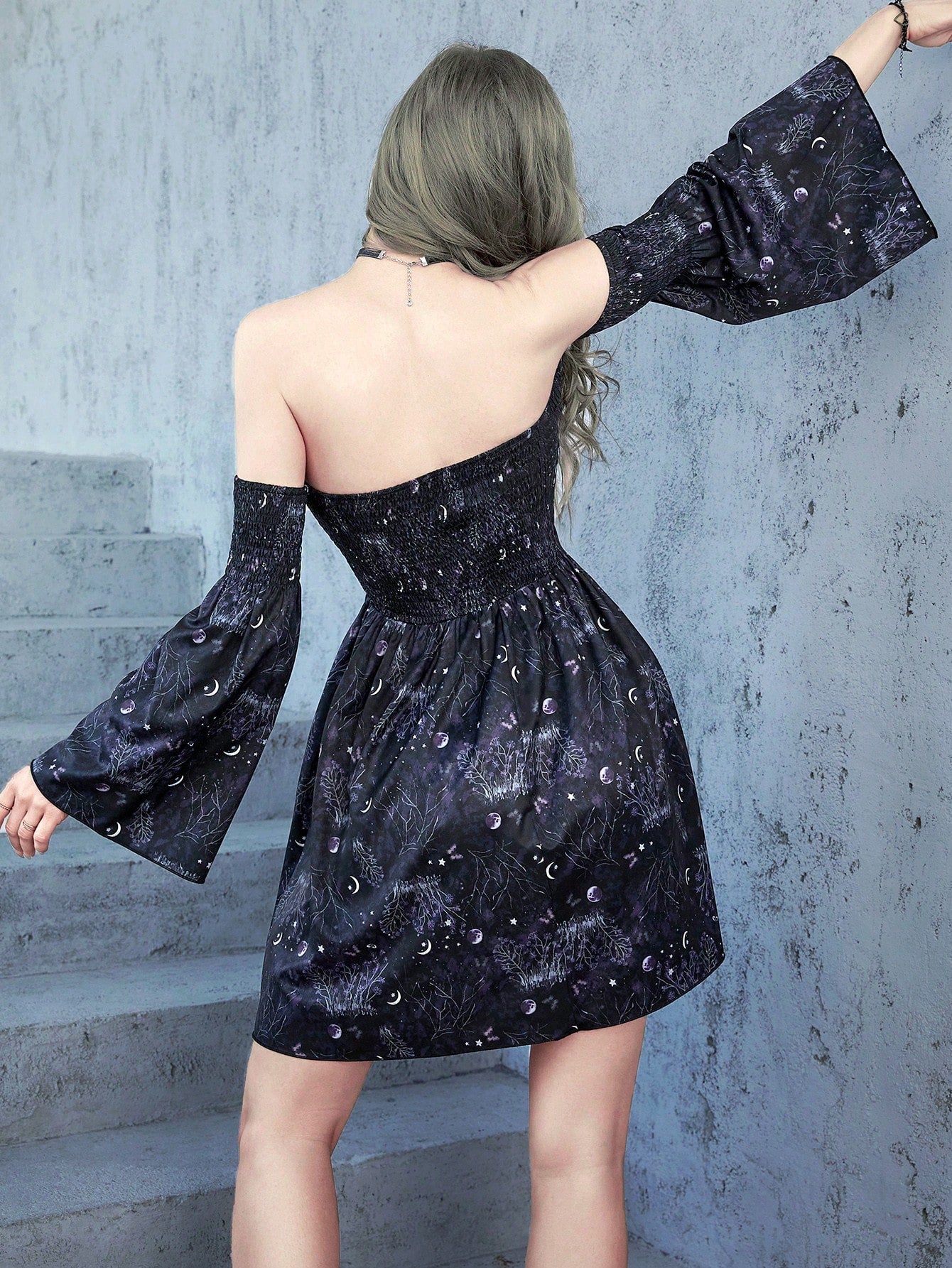 Ladies' Flower & Moon Print One-Shoulder Cable Knit Dress