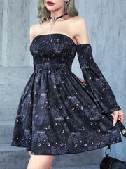 Ladies' Flower & Moon Print One-Shoulder Cable Knit Dress