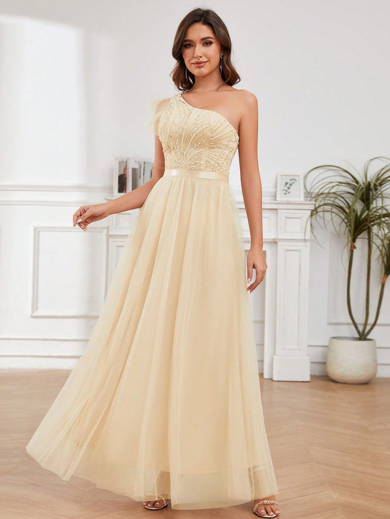 A-Line One Shoulder Long Prom Dress With Embroider