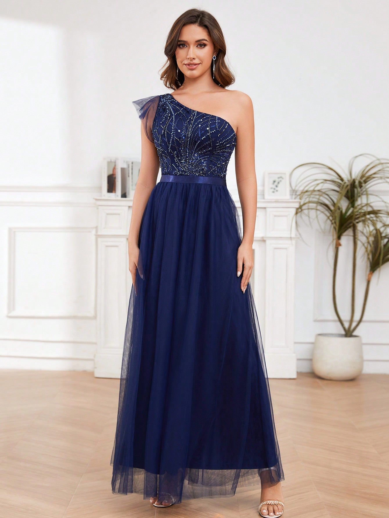 A-Line One Shoulder Long Prom Dress With Embroider