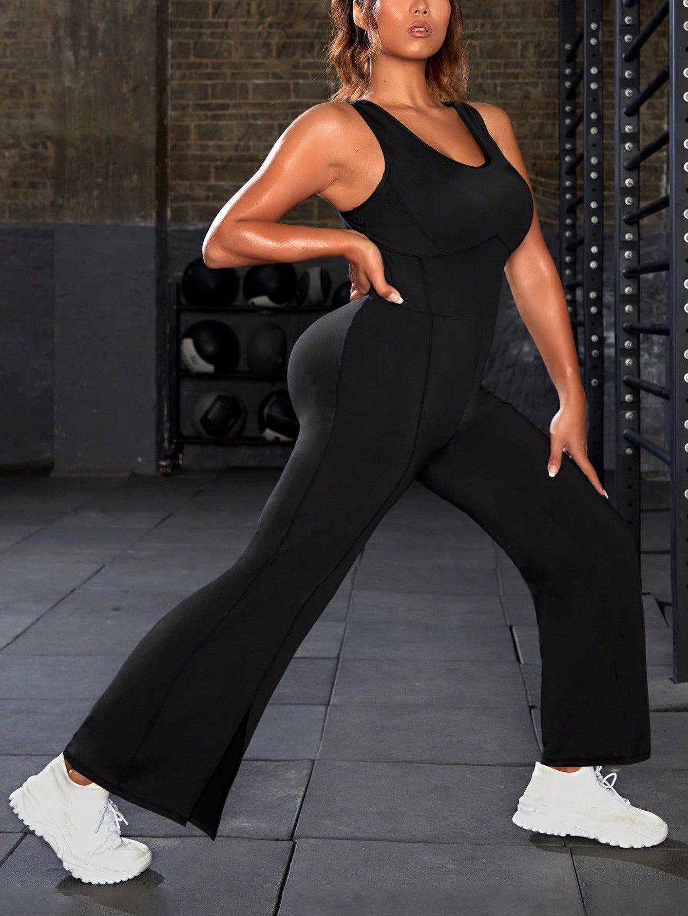 Plus Size Sleeveless Sports Jumpsuit With Side Split Hem