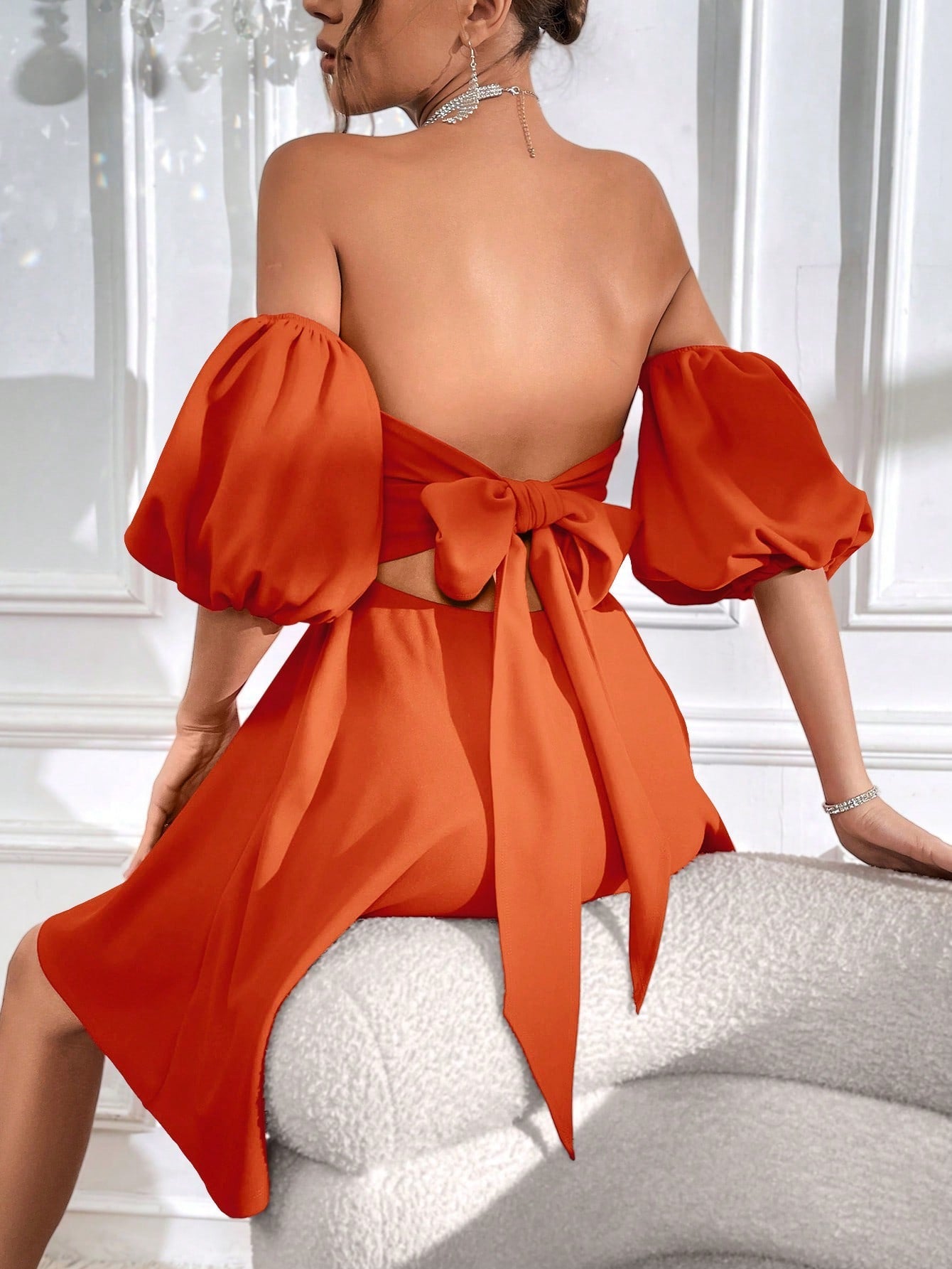 Privé Off Shoulder Puff Sleeve Tie Backless Dress