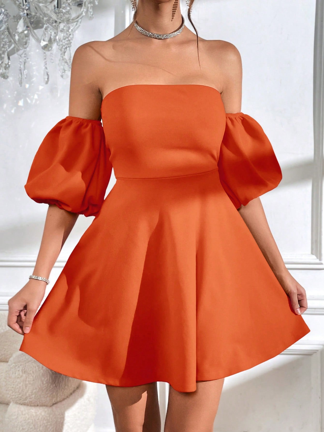 Privé Off Shoulder Puff Sleeve Tie Backless Dress