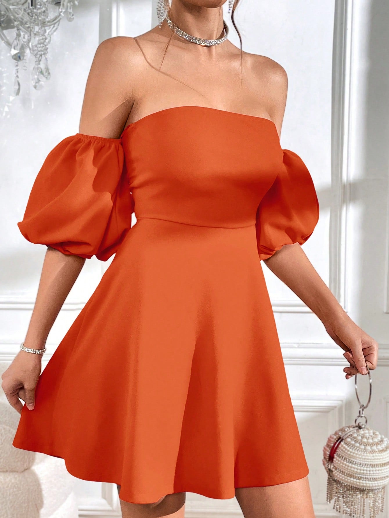 Privé Off Shoulder Puff Sleeve Tie Backless Dress