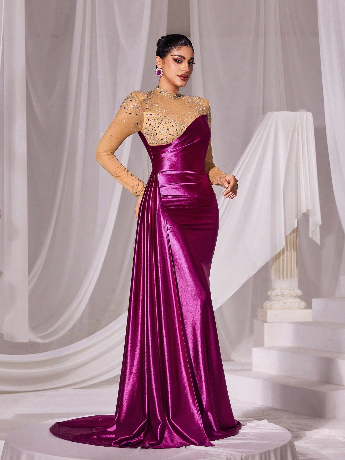 Rhinestone Detail Mock Neck Contrast Mesh Satin Formal Dress