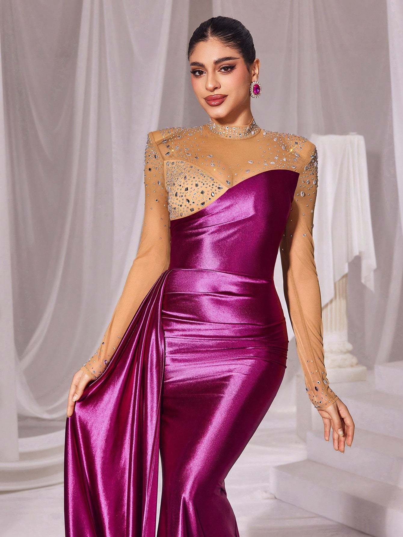 Rhinestone Detail Mock Neck Contrast Mesh Satin Formal Dress