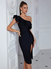 ADYCE Oblique-Shoulder Ruffled Slit Bodycon Party Dress